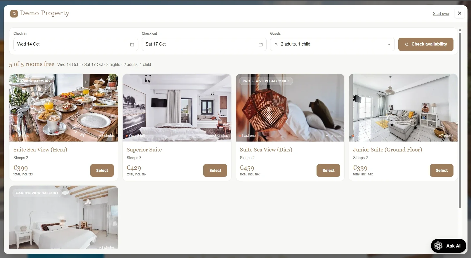 The booking engine's availability screen: dates, guests, and the rooms free for those nights with a total price on each.